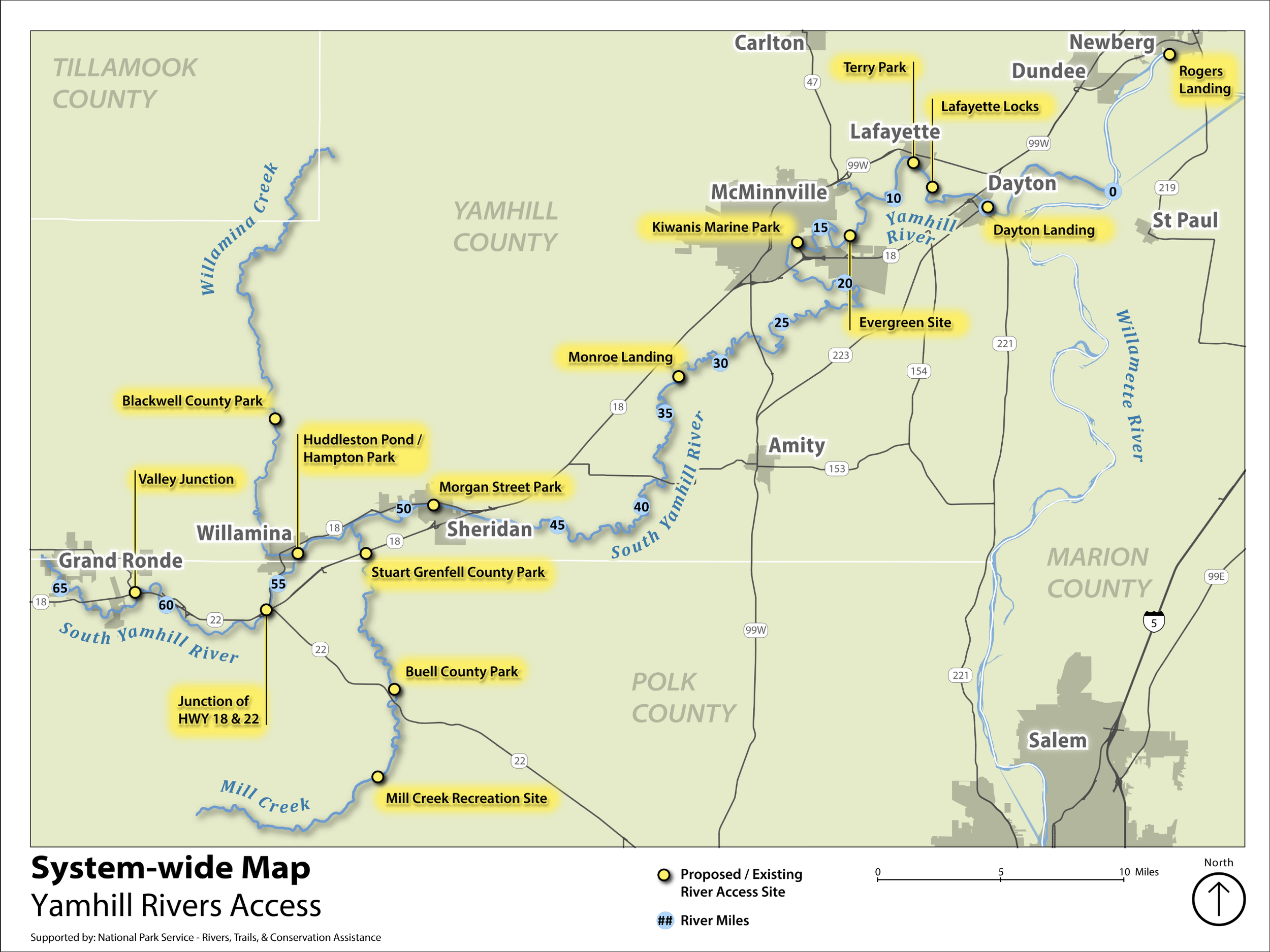 Map of the Yamhill Rivers system showing current and proposed river access point.