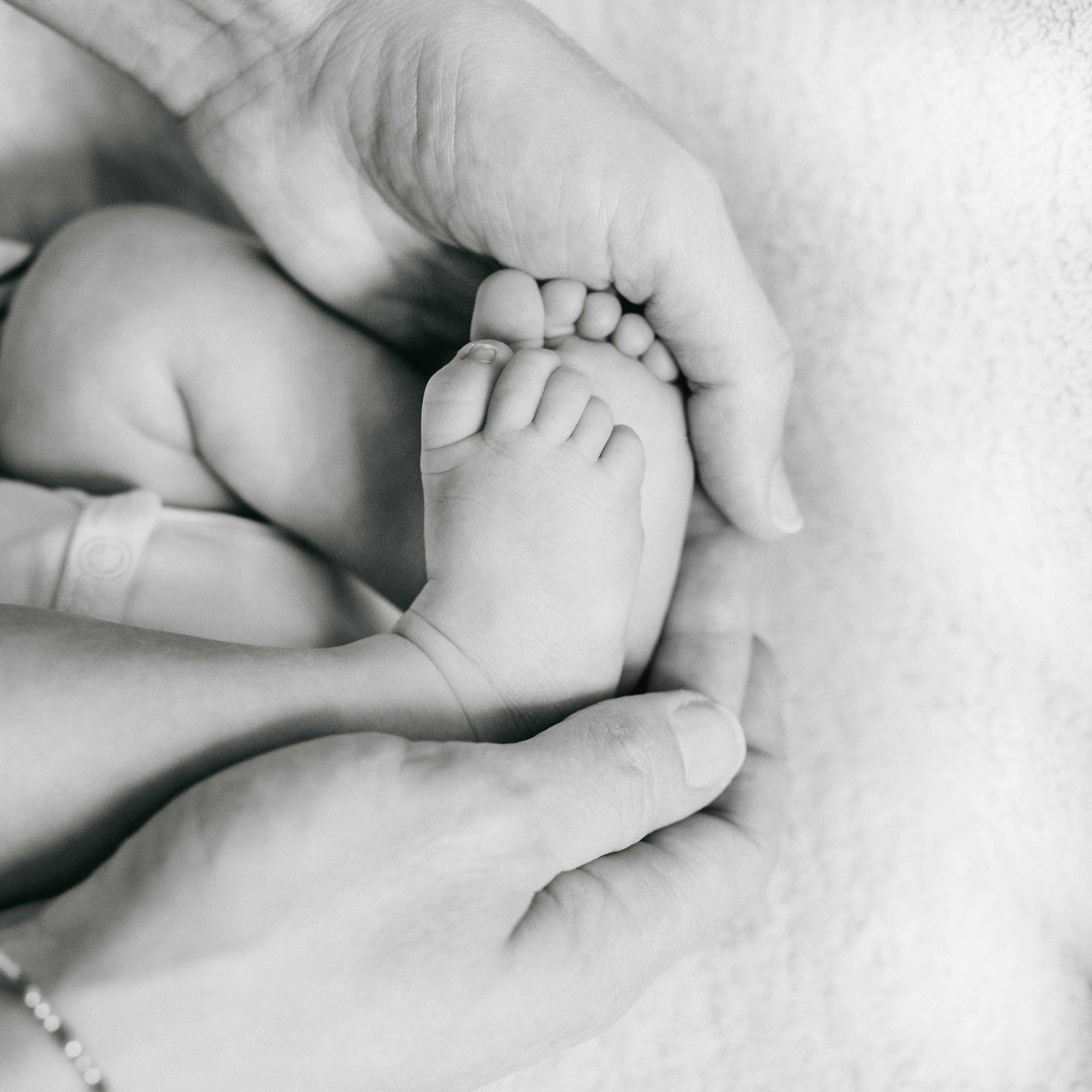 Babyfüsse werden sanft von zwei Händen gehalten, schwarz-weiss Fotografie.