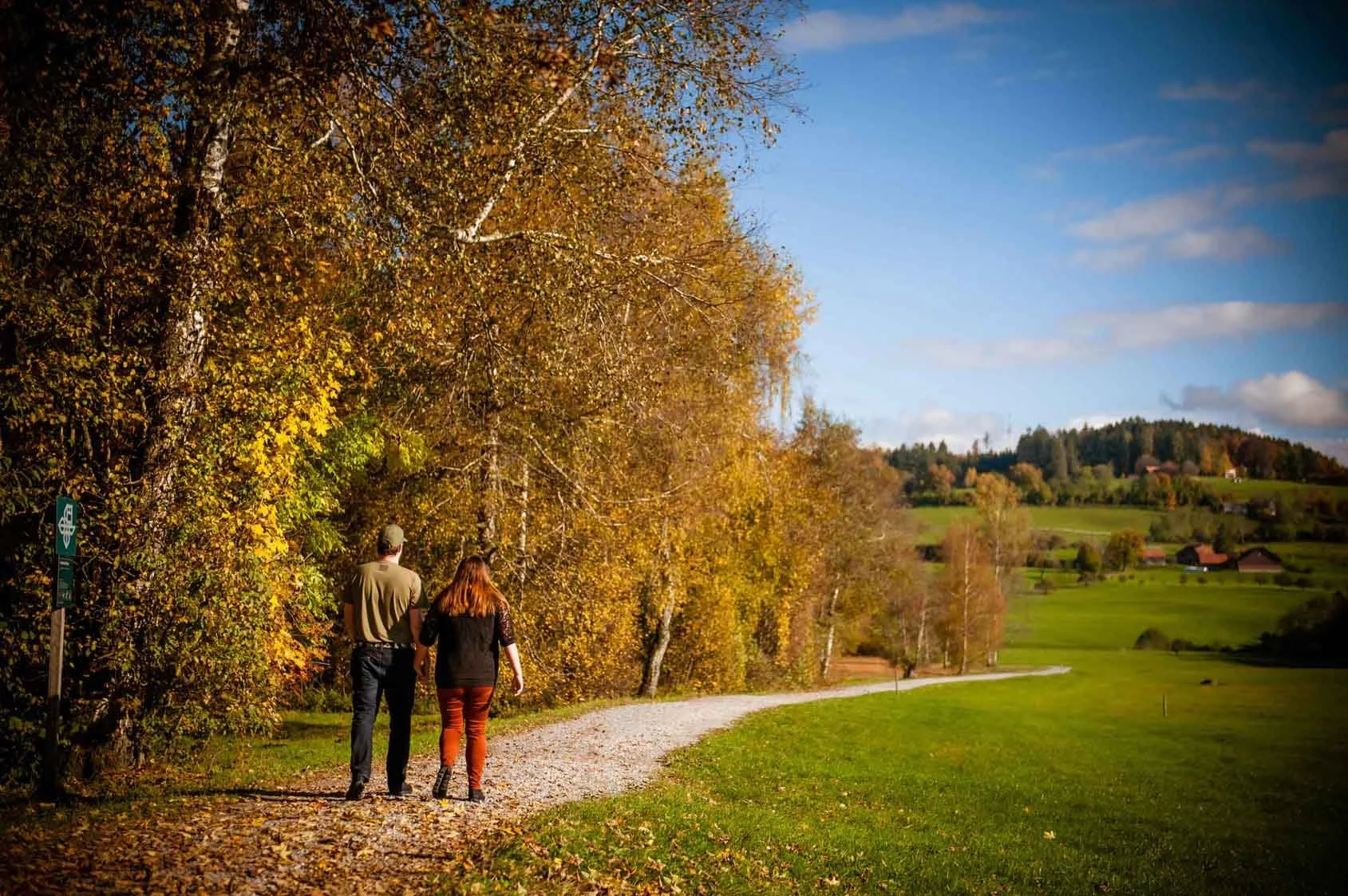 Ein Mann und eine Frau gehen an einem sonnigen Herbsttag entlang eines Weges durch eine herbstliche Landschaft mit buntem Laub und grünen Wiesen.