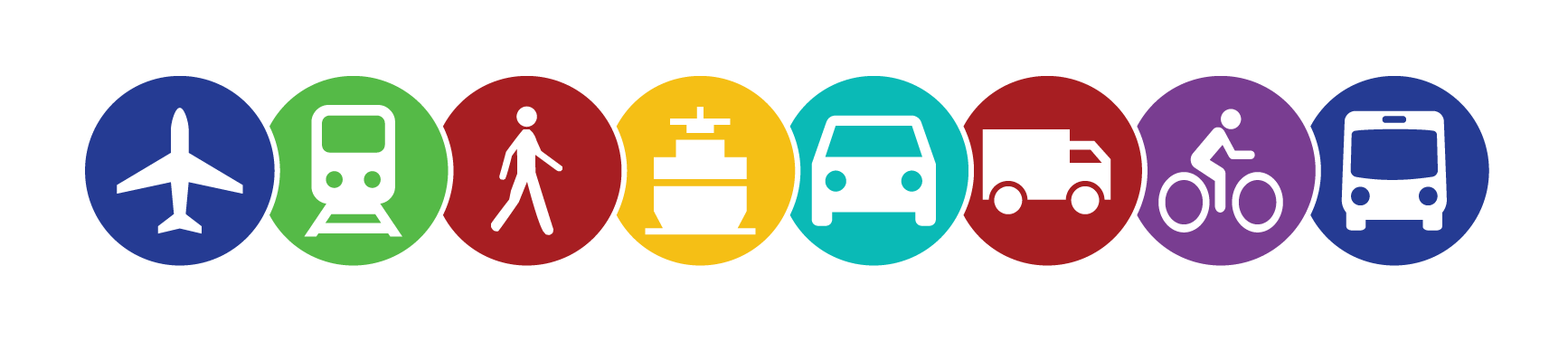 Icons of an airplane, train, person walking, boat, car, truck, person biking, and bus
