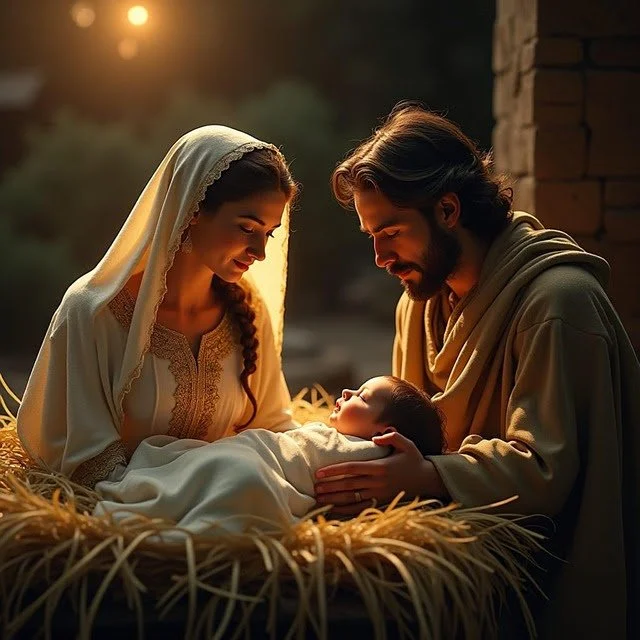 a man and woman gathered around their child who is in a manger