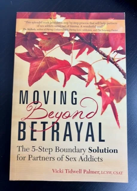 Book cover titled "Moving Beyond Betrayal" with a branch of red autumn leaves at the top. Subtitle: "The 5-Step Boundary Solution for Partners of Sex Addicts" by Vicki Tidwell Palmer.