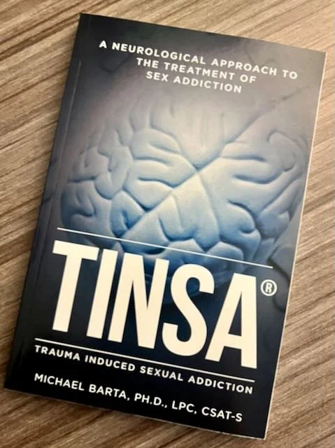Book titled "TINSA" with a brain illustration on the cover, discussing neurological treatment for sex addiction, authored by Michael Barta.