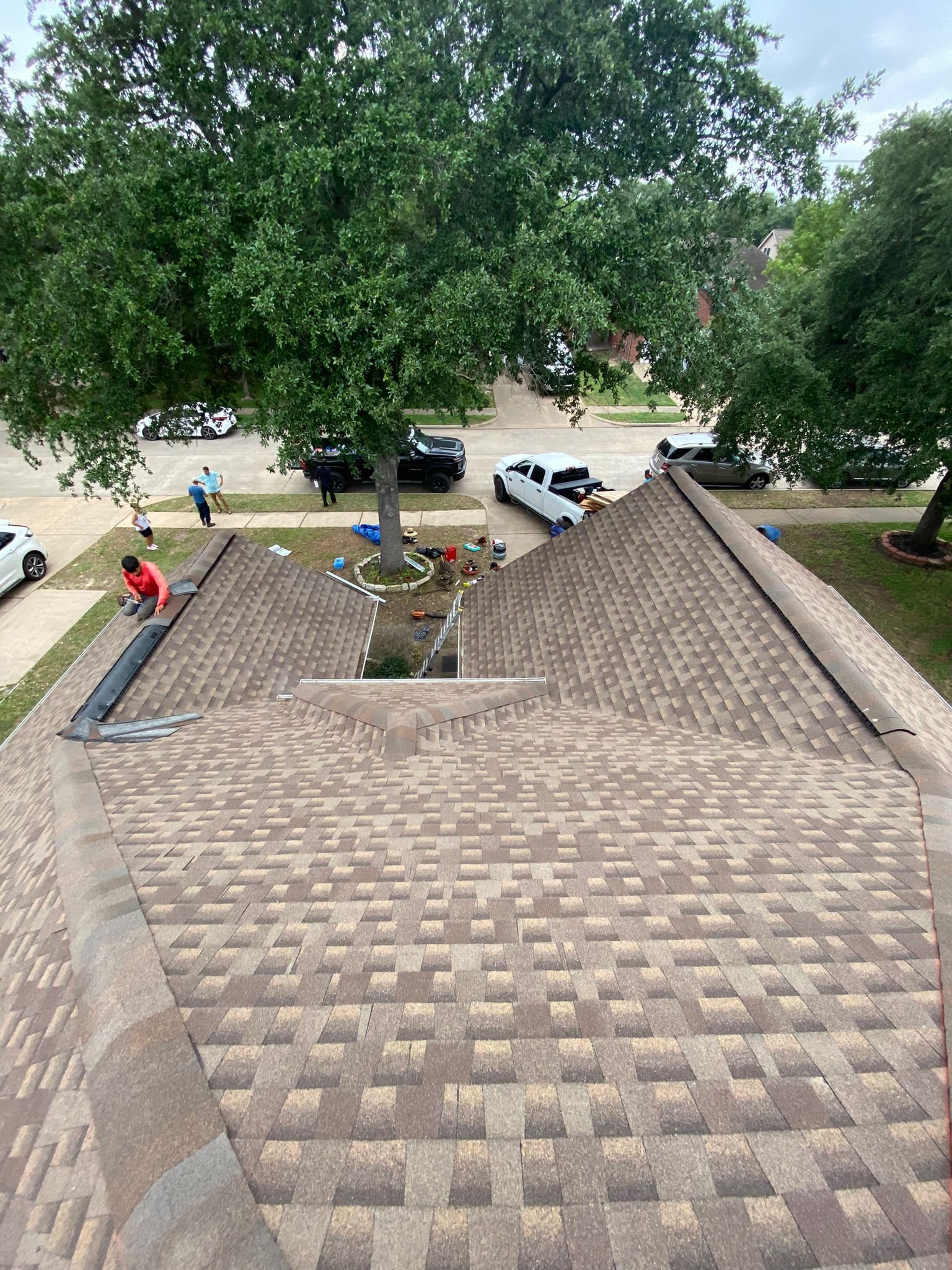 View from a rooftop looking down at a residential street with parked cars, people working around a large tree, and a small yard with items scattered on the ground.