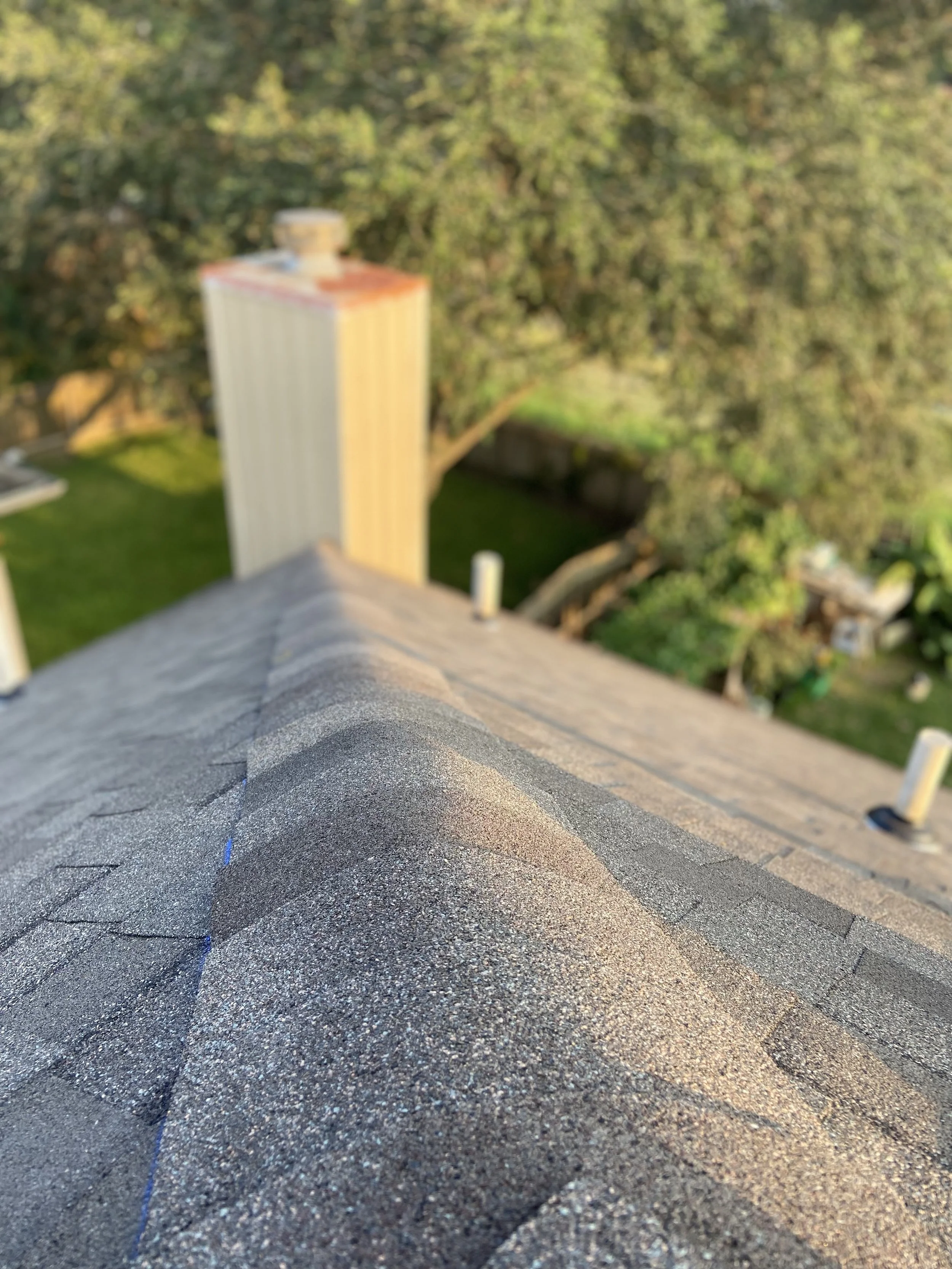 Close-up of a house roof with asphalt shingles, with a chimney and trees in the background.