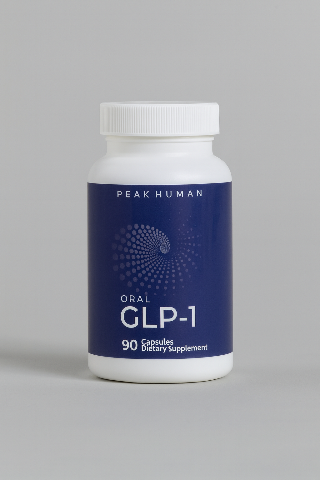 White bottle with a blue label and white cap containing dietary supplement capsules, labeled 'Peak Human Oral GLP-1, 90 capsules'.