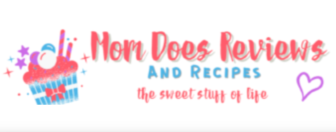 Decorative banner with text 'Mom Does Reviews and Recipes - the sweet stuff of life' and a cupcake with unicorn topper
