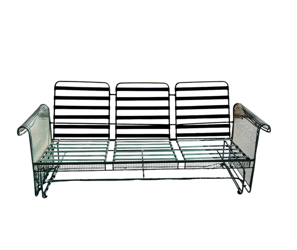 Front view of the glider without cushions, showcasing its open frame design with metal slats and mesh sides.
