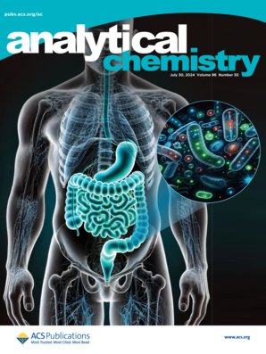 Cover of Analytical Chemistry journal featuring a semi-transparent human body with illuminated digestive system, including stomach and intestines, and a circular inset showing colorful microscopic bacteria.