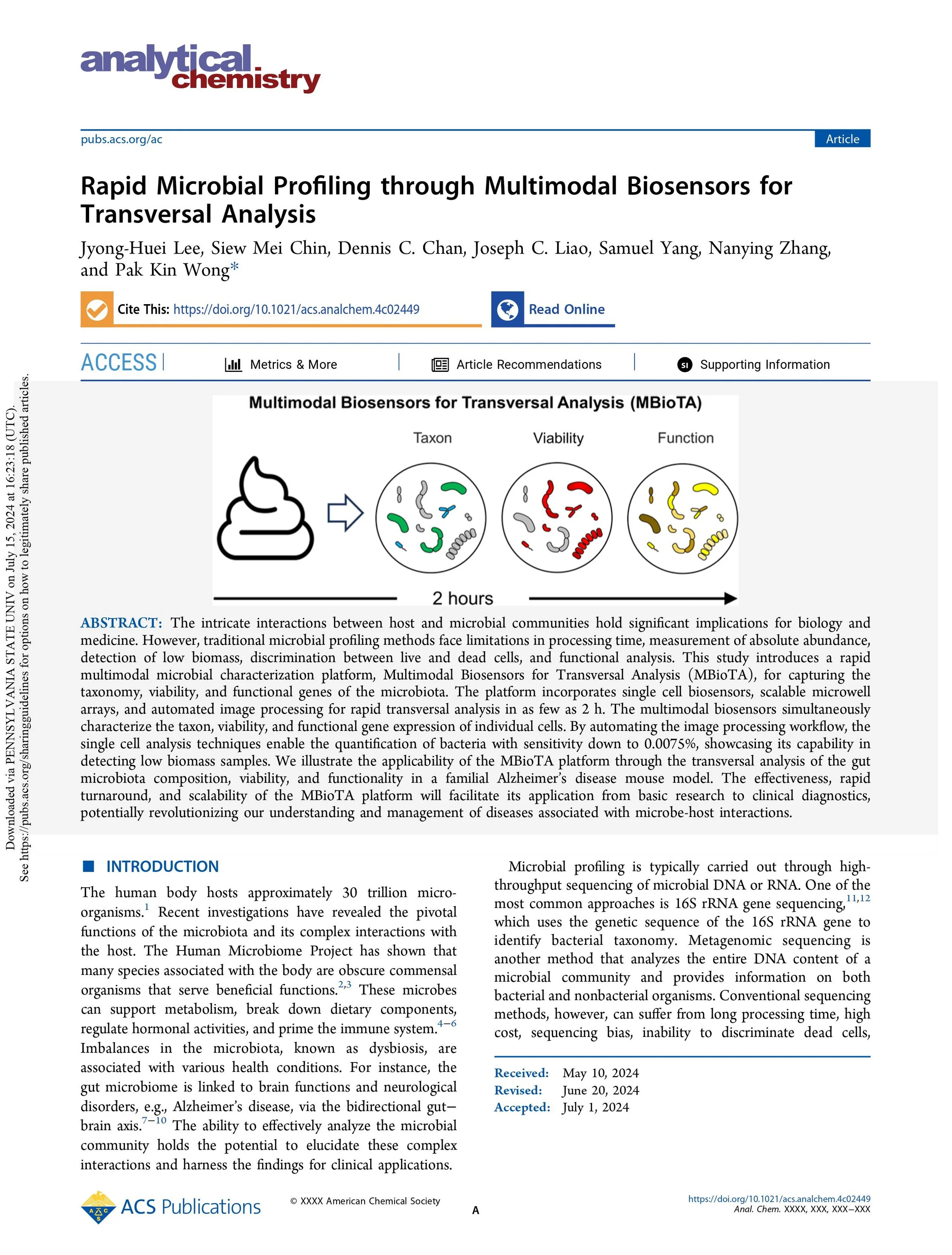 A scientific article page showing the title 'Rapid Microbial Profiling through Multimodal Biosensors for Transversal Analysis'. The figure includes three diagrams labeled 'Taxon', 'Viability', and 'Function', which depict microbial analysis. The abstract and introduction sections are visible, discussing microbial profiling and the platform's applications.