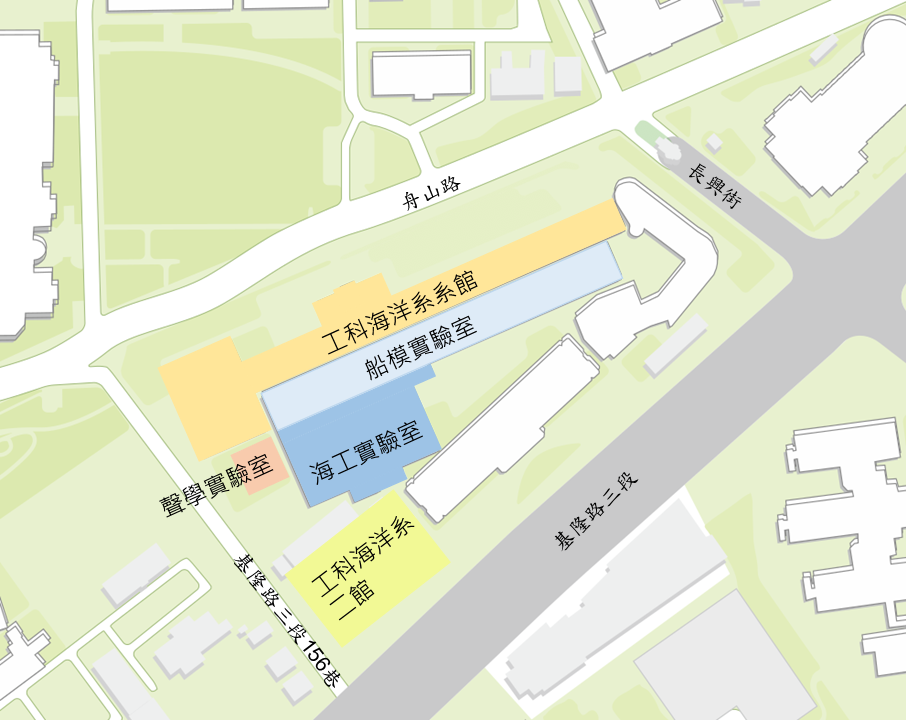 Map of a campus or research area with labeled buildings and pathways, including maritime and engineering laboratories, an experimental hall, and surrounding streets with greenery.