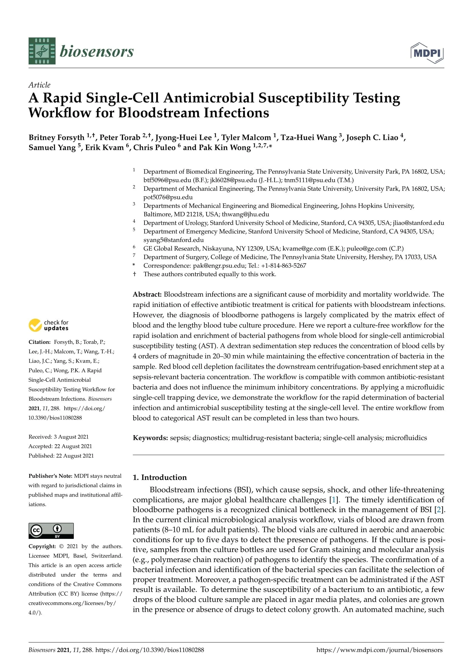 Scientific article titled 'A Rapid Single-Cell Antimicrobial Susceptibility Testing Workflow for Bloodstream Infections' published in Biosensors journal, with author list, abstract, keywords, and introduction sections.