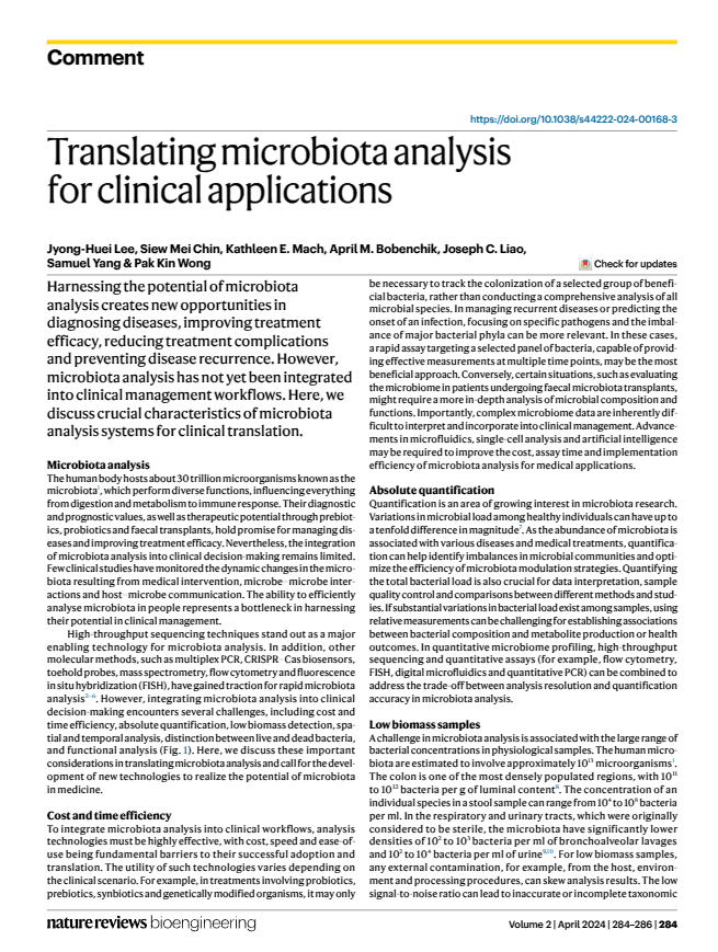Page from a scientific article titled 'Translating microbiota analysis for clinical applications,' discussing microbiota analysis in disease diagnosis, treatment, and clinical translation, authored by Lee, Chin, Mach, Bochenik, Liao, Wang, and Wong.