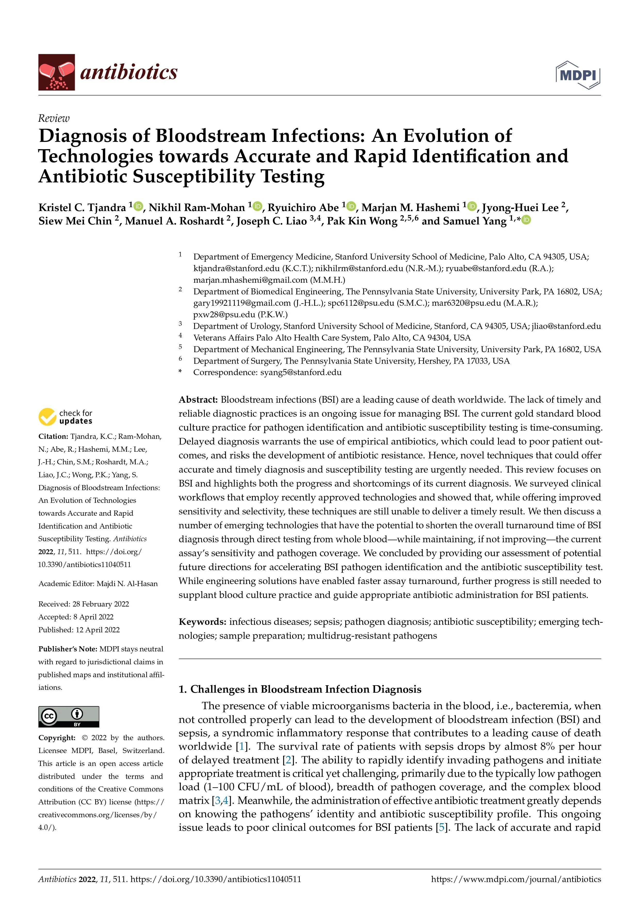 A scientific journal page titled "Diagnosis of Bloodstream Infections: An Evolution of Technologies towards Accurate and Rapid Identification and Antibiotic Susceptibility Testing" from the journal "Antibiotics". The authors listed are Kristel C. Tjandra, Nikhil Ram-Mohan, Ryuichiro Abe, among others. The page includes sections such as the abstract, keywords, and part of the main content, with typical scientific formatting and citations.