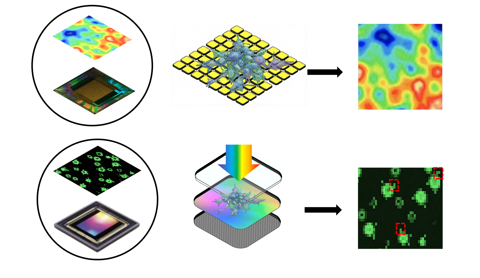 Diagram illustrating two different methods of analyzing materials using layered images, computer chips, and color maps. The top method shows a 3D topographical analysis, and the bottom method shows a fluorescence microscopy approach used to identify specific features.