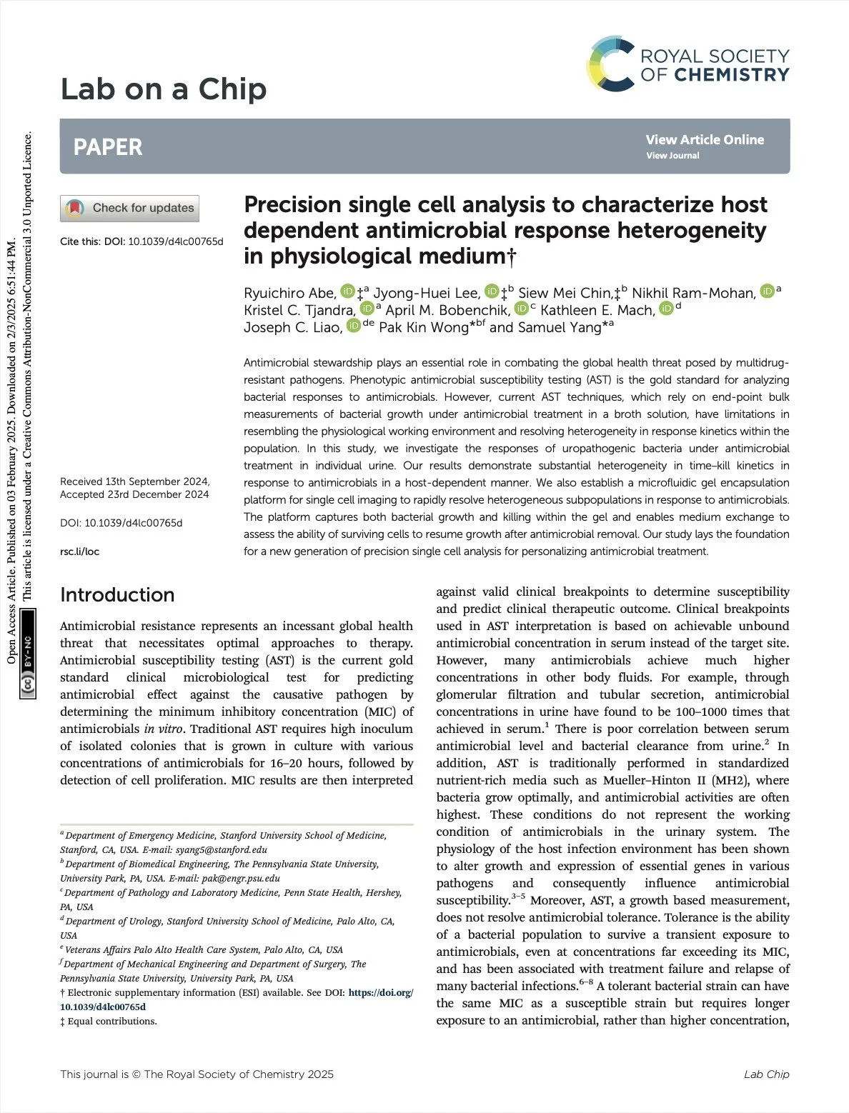 Scientific journal article titled "Lab on a Chip" from the Royal Society of Chemistry, discussing precision single cell analysis for antimicrobial response characterization with author list and abstract.