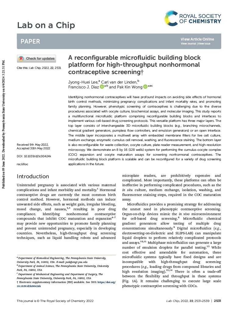A scientific article from the Royal Society of Chemistry about a microfluidic platform for high-throughput nonhormonal contraceptive screening, including introduction and technical descriptions.