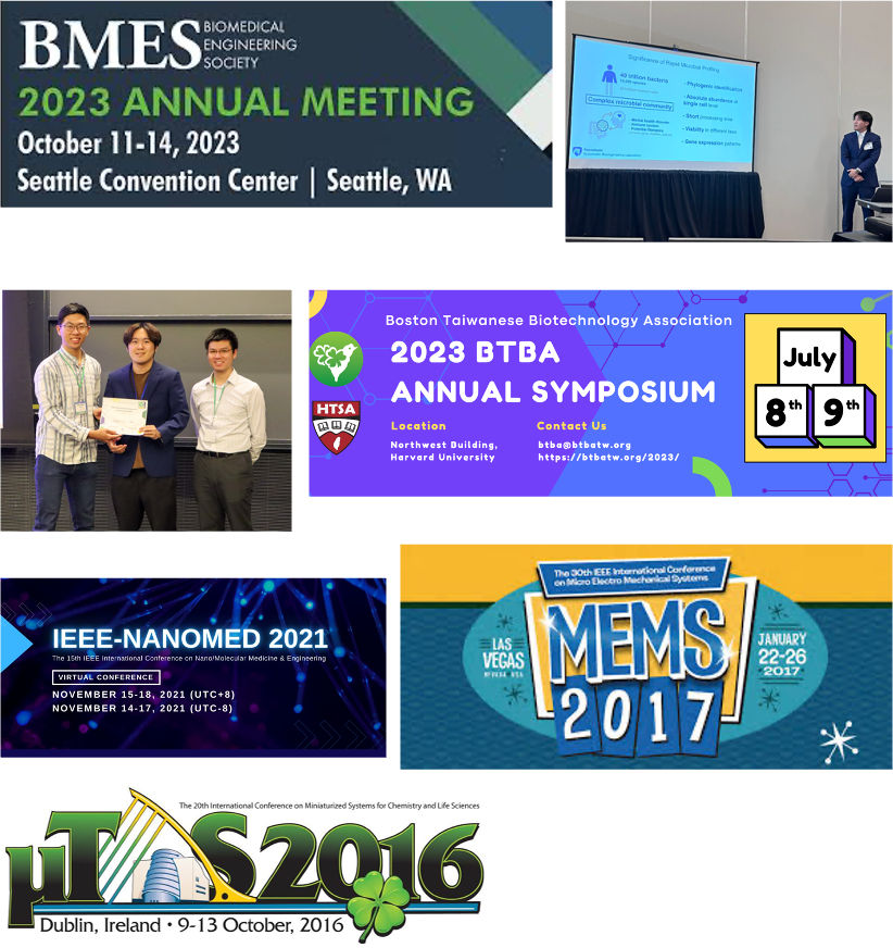 A collage of six images from various scientific conferences and symposiums. The top left image shows a banner for the BMES 2023 Annual Meeting at the Seattle Convention Center. The top right image is a lecture with a speaker standing next to a presentation screen. The middle left image features three men, one receiving a certificate. The middle right image displays a colorful slide for the 2023 BTBA Annual Symposium at Harvard University. The bottom left image is a banner for IEEE NANOMED 2021, a virtual conference. The bottom middle image promotes MEMS 2017, held in Las Vegas. The bottom right image advertises S2016, the 20th International Conference on Miniaturized Systems in Dublin, Ireland.