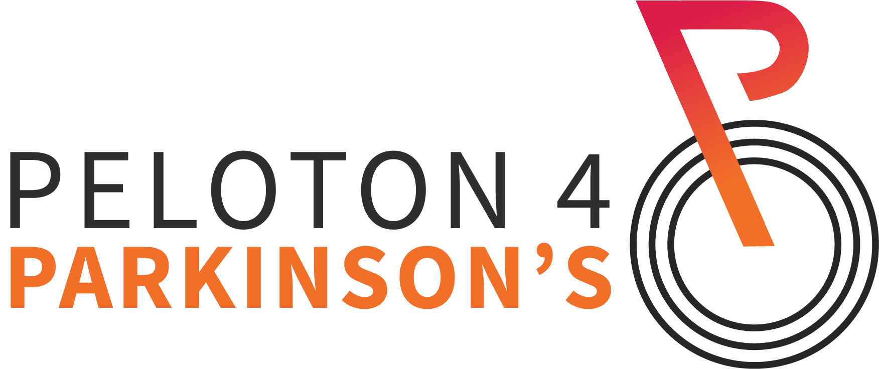 Logo for Peloton 4 Parkinson's, featuring a stylized orange and red bicycle wheel with the letter P, and the text 'Peloton 4 Parkinson's' with 'Peloton 4' in black and 'Parkinson's' in orange.