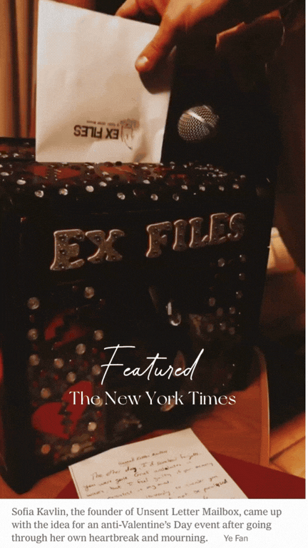 Sofia Kavlin, founder of The Unsent Letter Mailbox, photographed for The New York Times during the Ex Files event in Brooklyn, 2026
