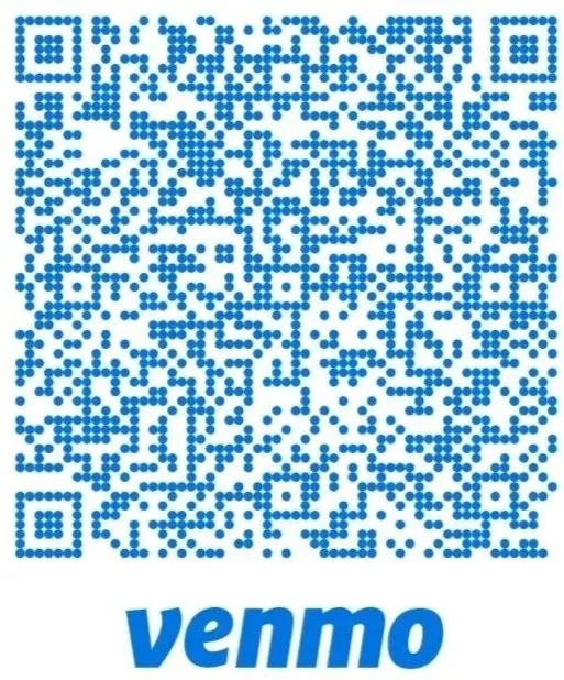 A blue Venmo QR code for payment, with the Venmo logo beneath.