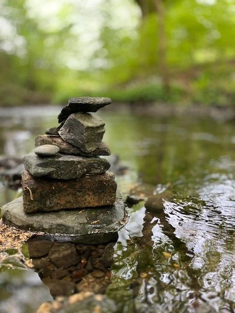 Stacked stones in a shallow stream with blurred green forest background.