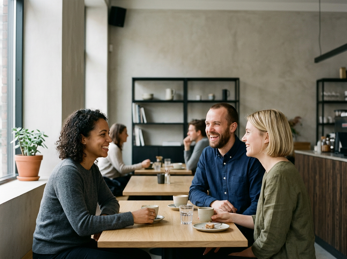 Three friends sitting at a table in a cafe, smiling and talking with coffee cups and water glasses in front of them.