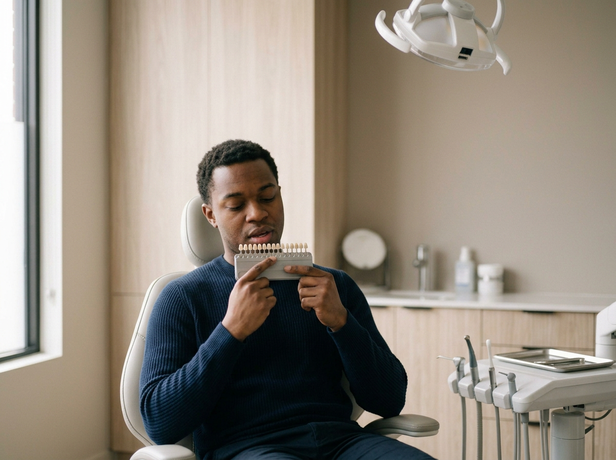 A man sitting in a dental office, holding a shade guide for teeth color comparison.