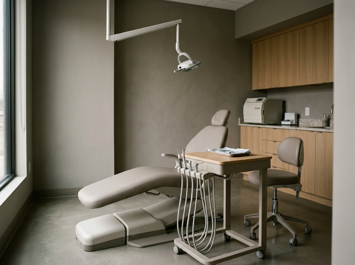 Empty dentist's examination room with dental chair, overhead light, and dental tools, next to a window with natural light.