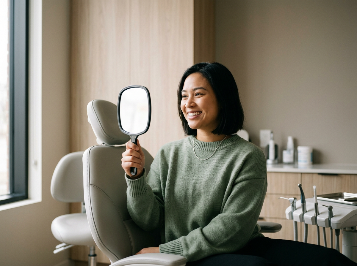 Woman sitting in dental chair holding a mirror, smiling, in a dental clinic
