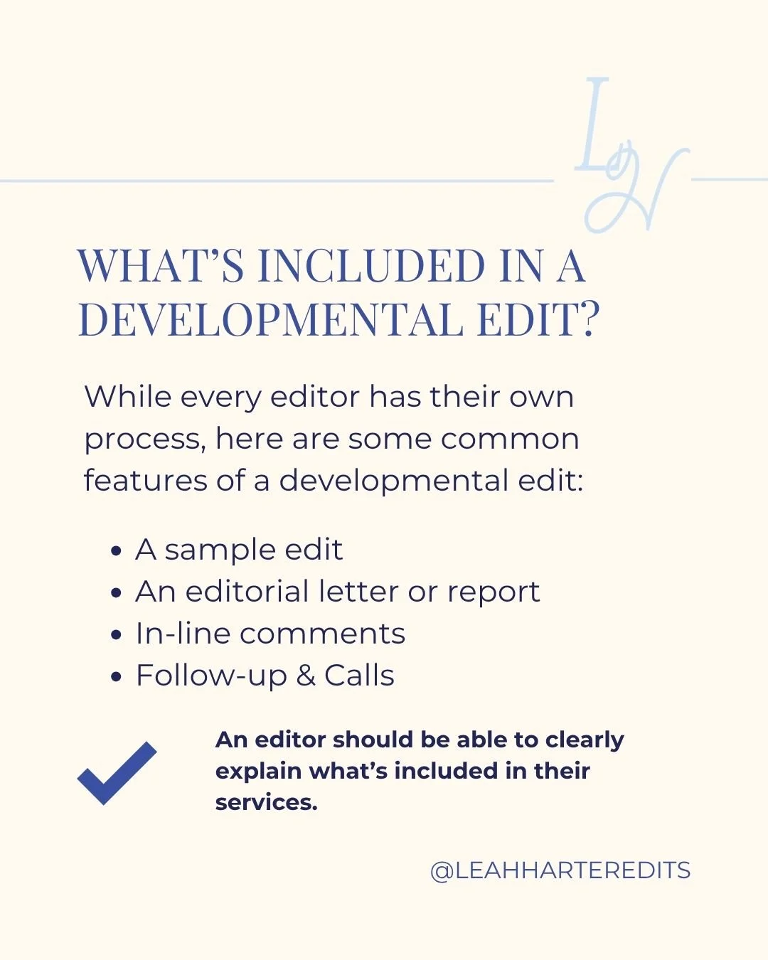 A list of items included in a developmental edit including a sample edit, an editorial letter, in-line comments, and follow up calls.