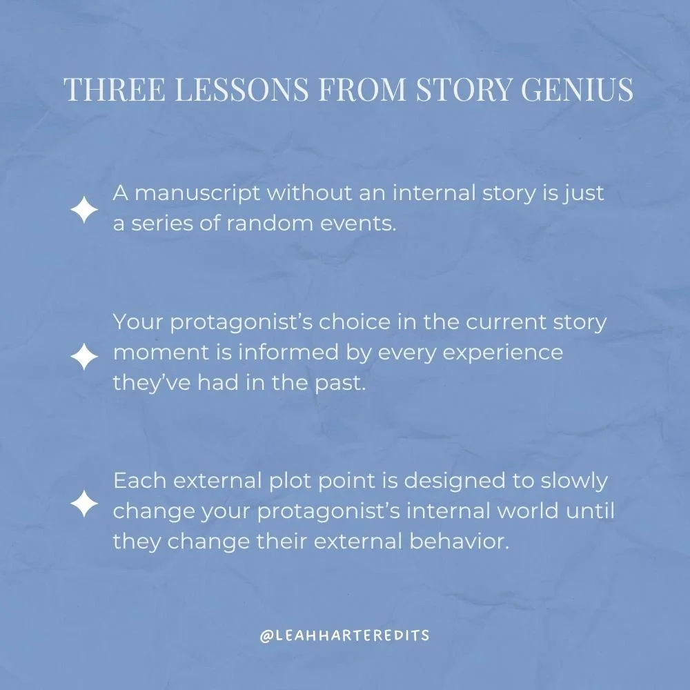 Image describing the lessons to takeaway from Story Genius by Lisa Cron including adding internal story and backstory.