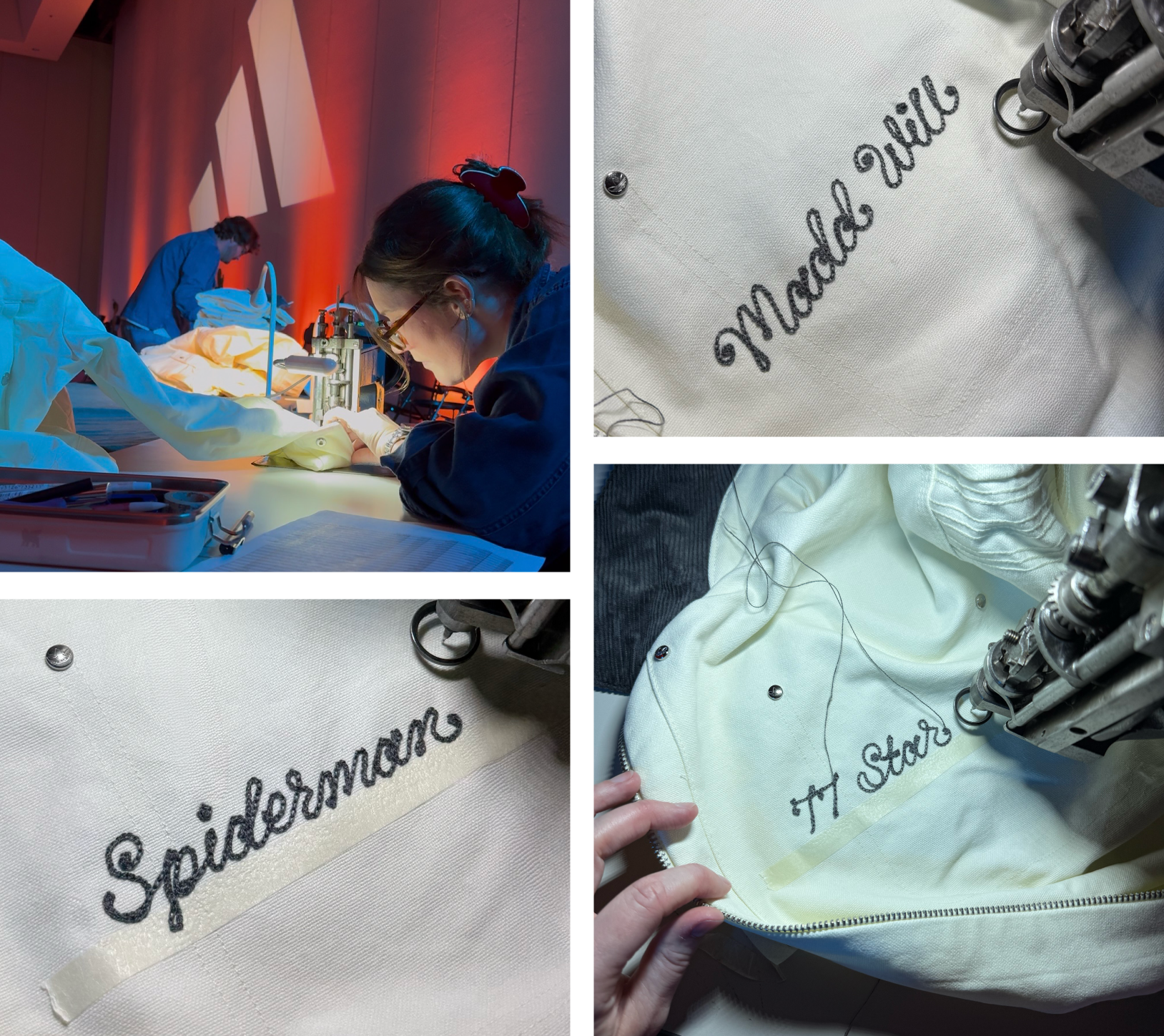 Chainstitch embroidery on Adidas jackets in San Antonio. They read Spiderman, Madd Will, and 77 Star.