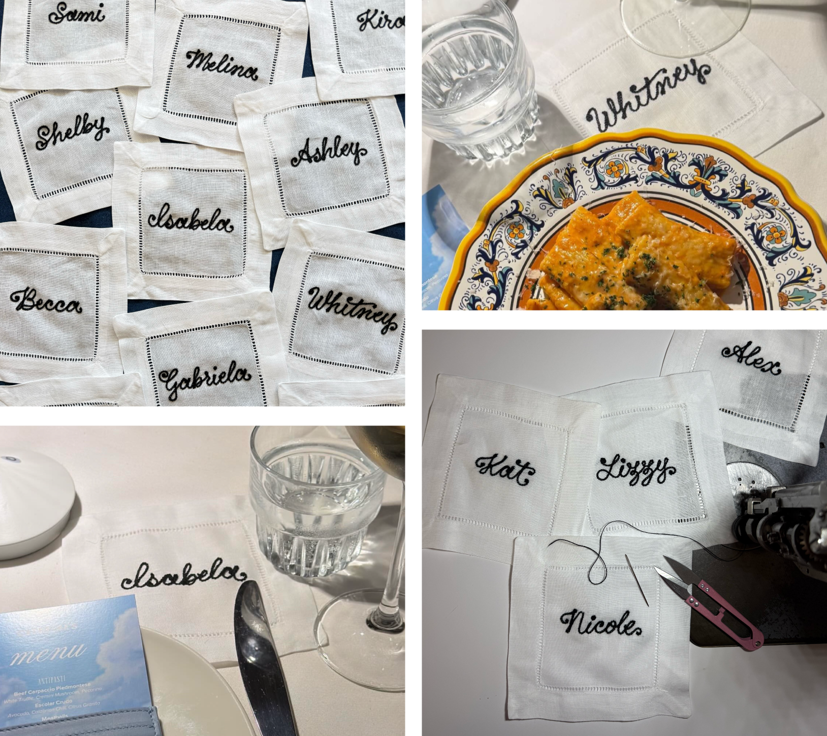 Chainstitched cocktail napkins for influencer dinner in Fort Worth, Texas.