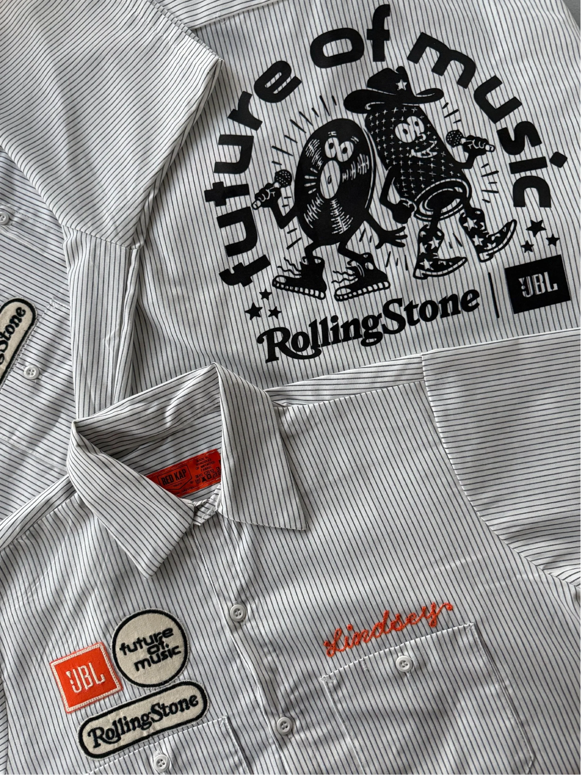Custom vintage inspired workwear for Rolling Stone and JBL Audio. Fully designed in house by Double Vision. Screen printed design on back, digital patches and chainstitched name on front.