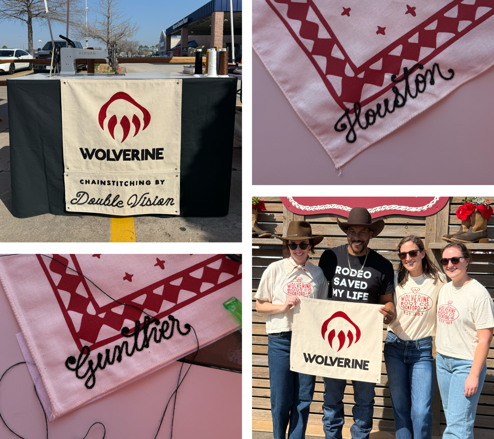 A quilt with a red illustration of a clawed hand and the word "WOLVERINE" underneath. Several sewing spools are on a table in a parking lot. A close-up of a pink bandana with red stitching that says "Gunter." A group of four people, three women and one man, standing outside in front of a wooden fence. The man is holding a wolverine banner, and one woman is holding a smaller banner that says "Wolverine Boot Co. Rockford MI founded 1883." All are smiling and wearing casual clothing, two women with sunglasses, and the man with a cowboy hat.