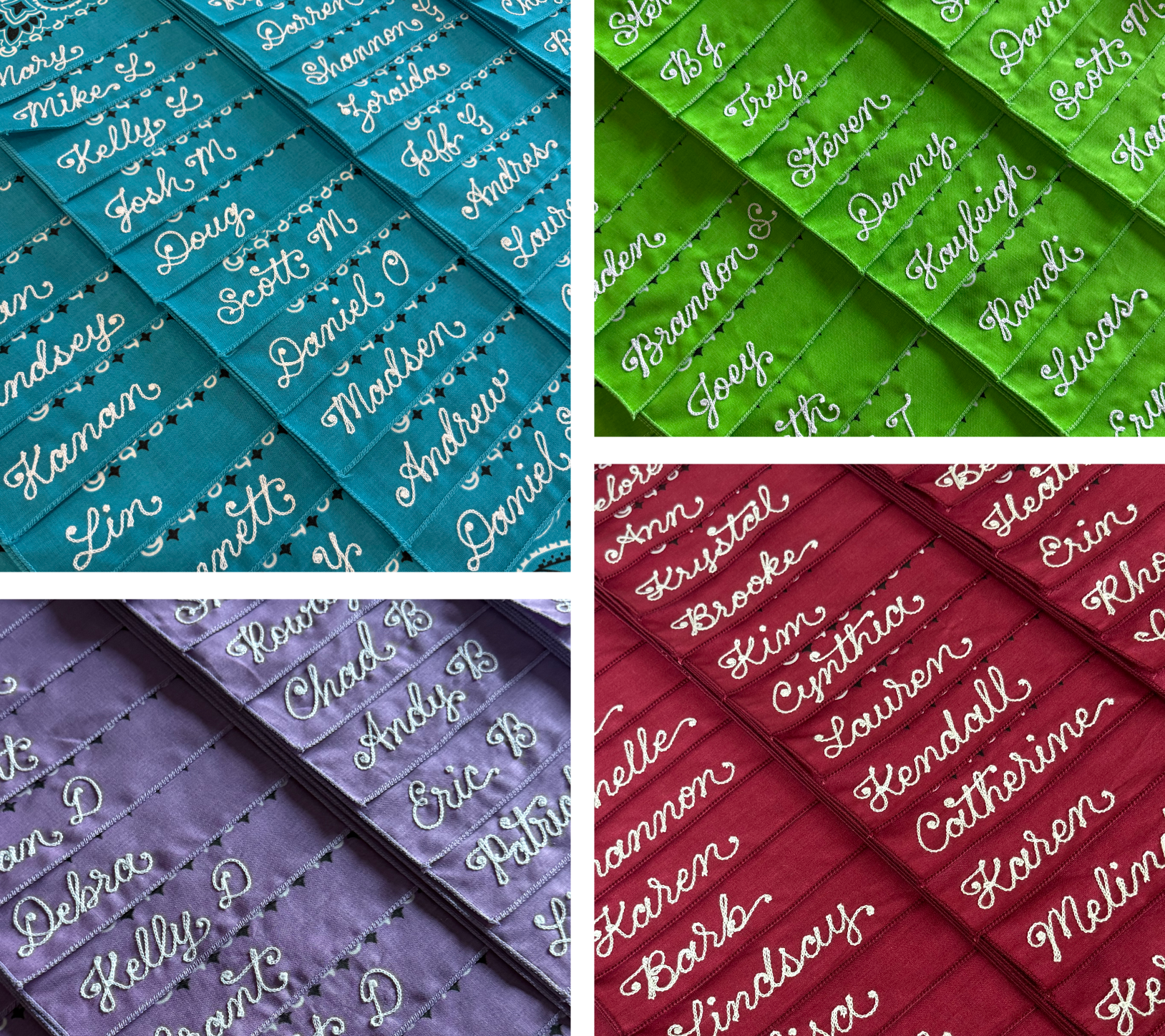 Chainstitch embroidered bandanas for corporate events, brands, and client gifting. Varying colors of bandanas chainstitched with a name in white thread.