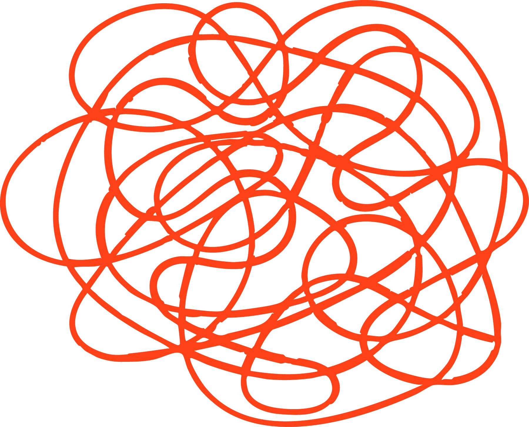 A tangled, chaotic mess of red lines on a black background, resembling a scribble or abstract doodle.