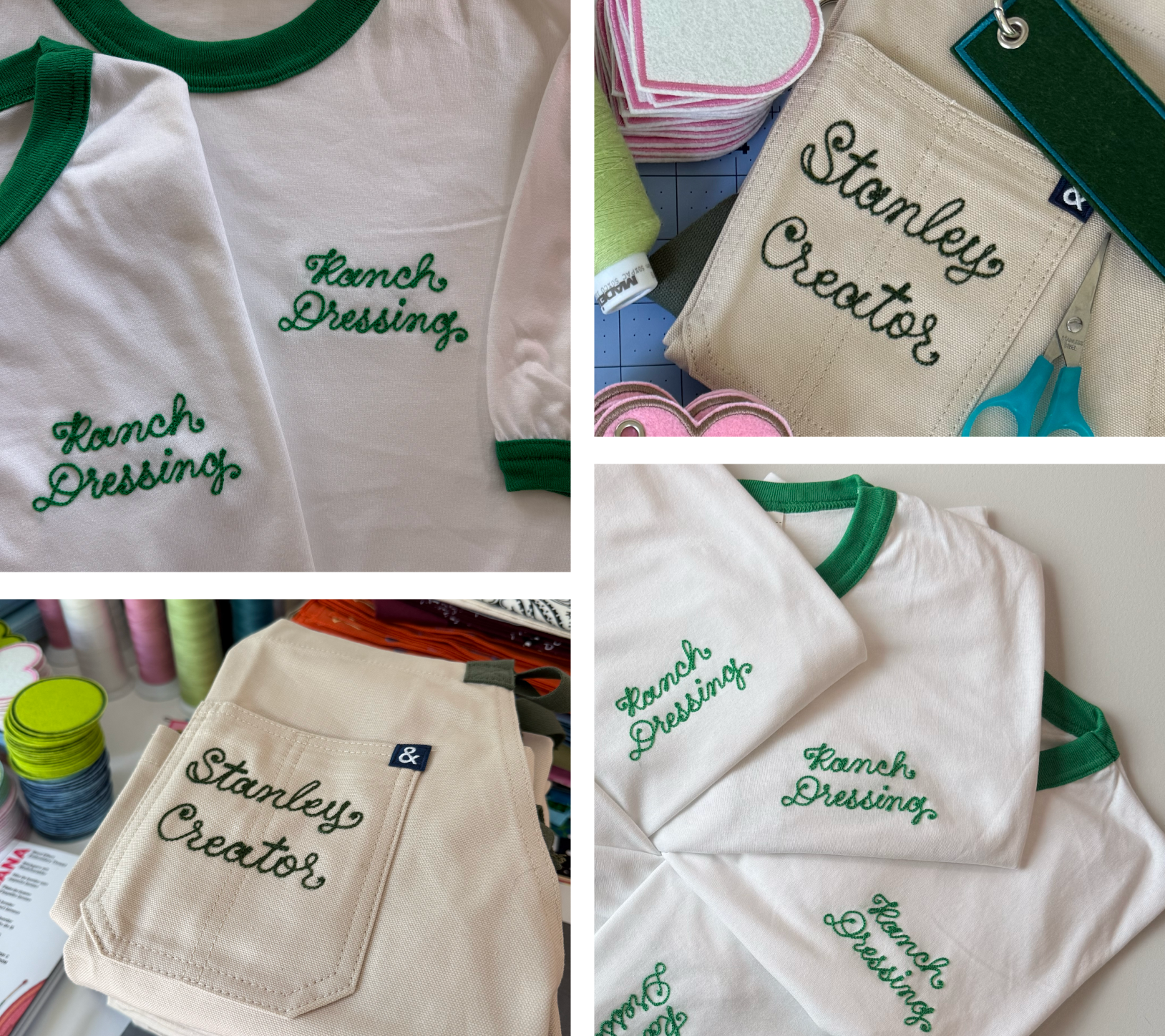Brand activation uniform embroidery. Aprons with "Stanley Creator" chainstitched and ringer tees with "Ranch Dressing" chainstitched