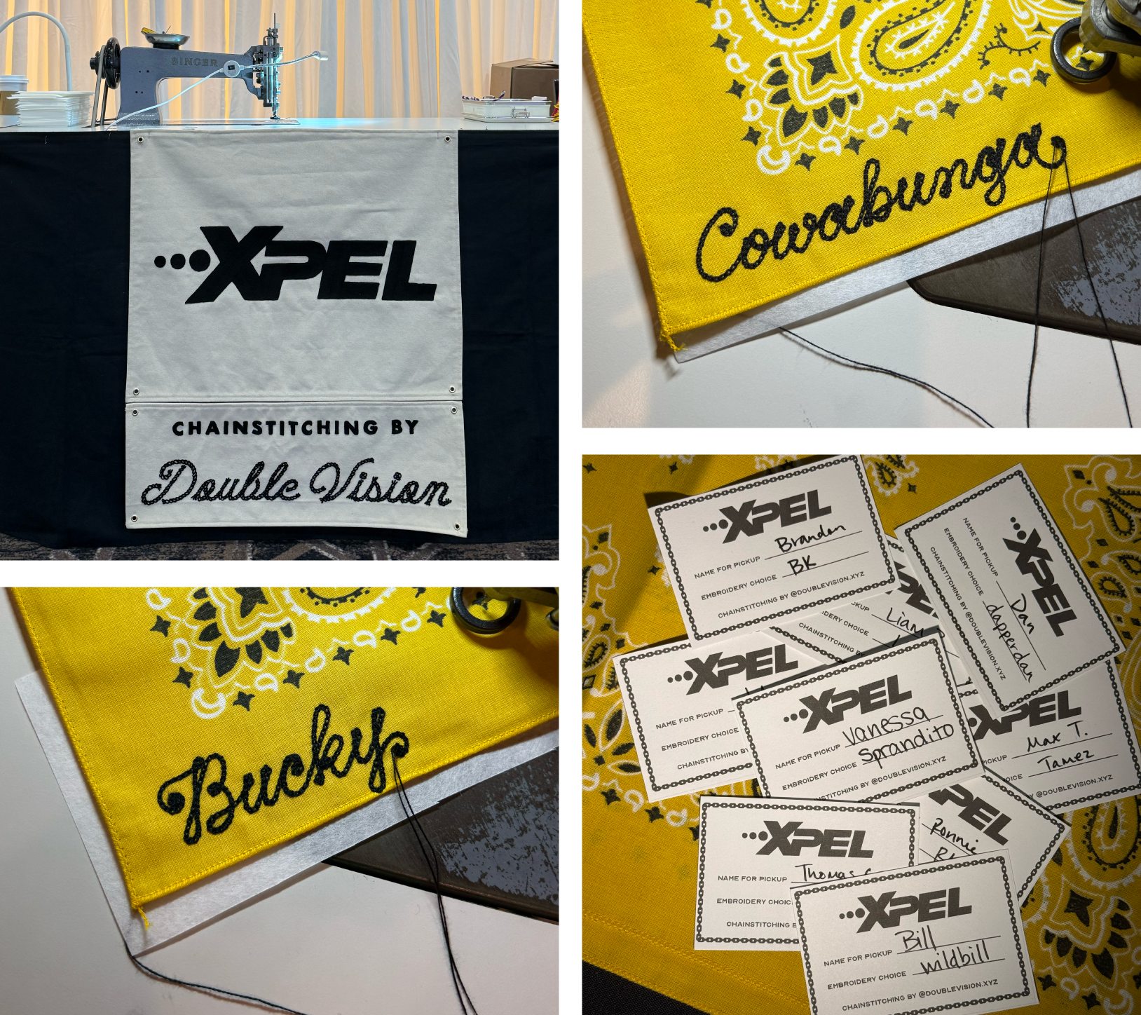 Collection of chainstitch bandanas and name tags at an event. The bandana features the word "Bucky"