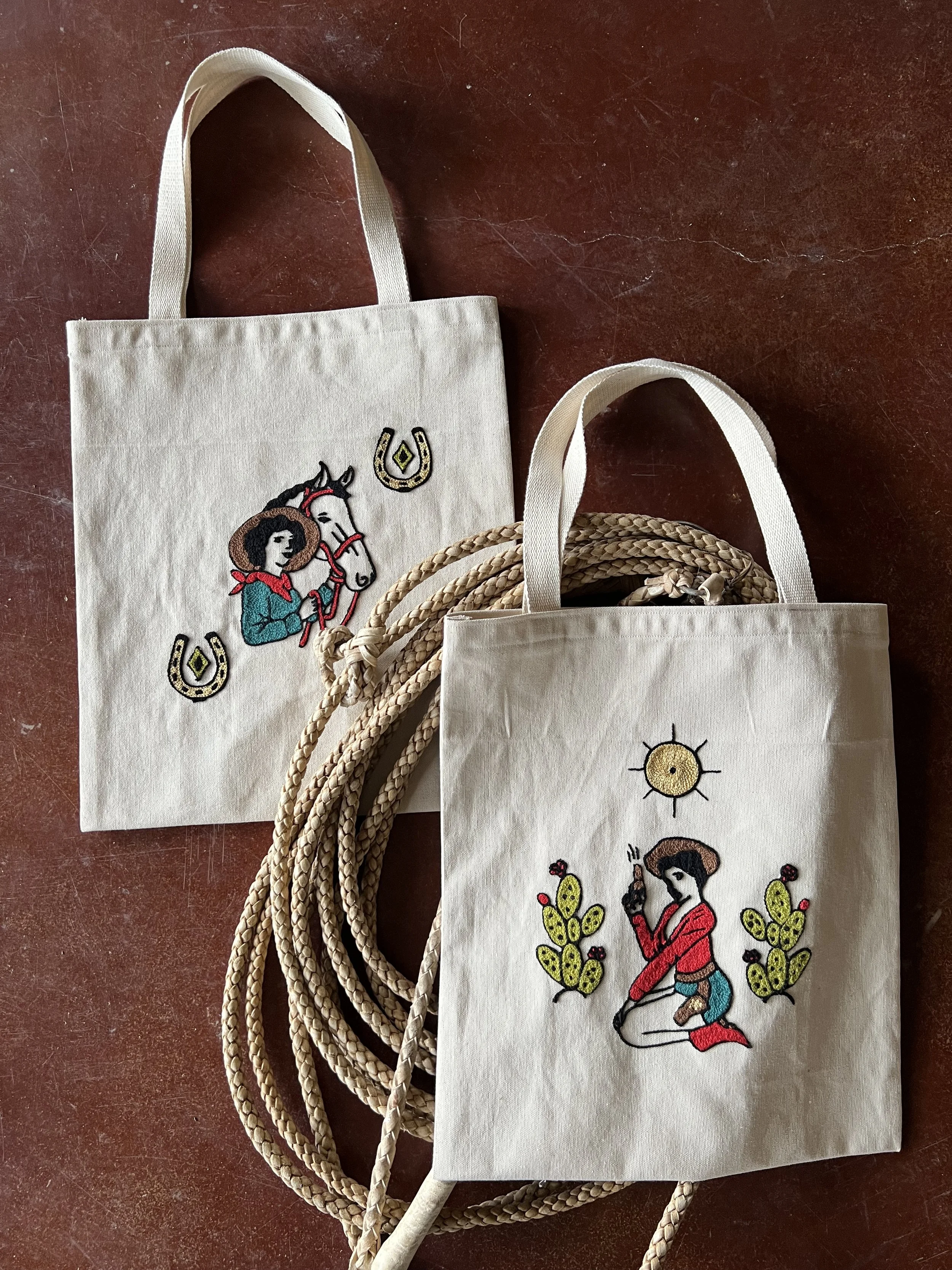 Custom sewn and chainstitched tote bags with Cowgirls