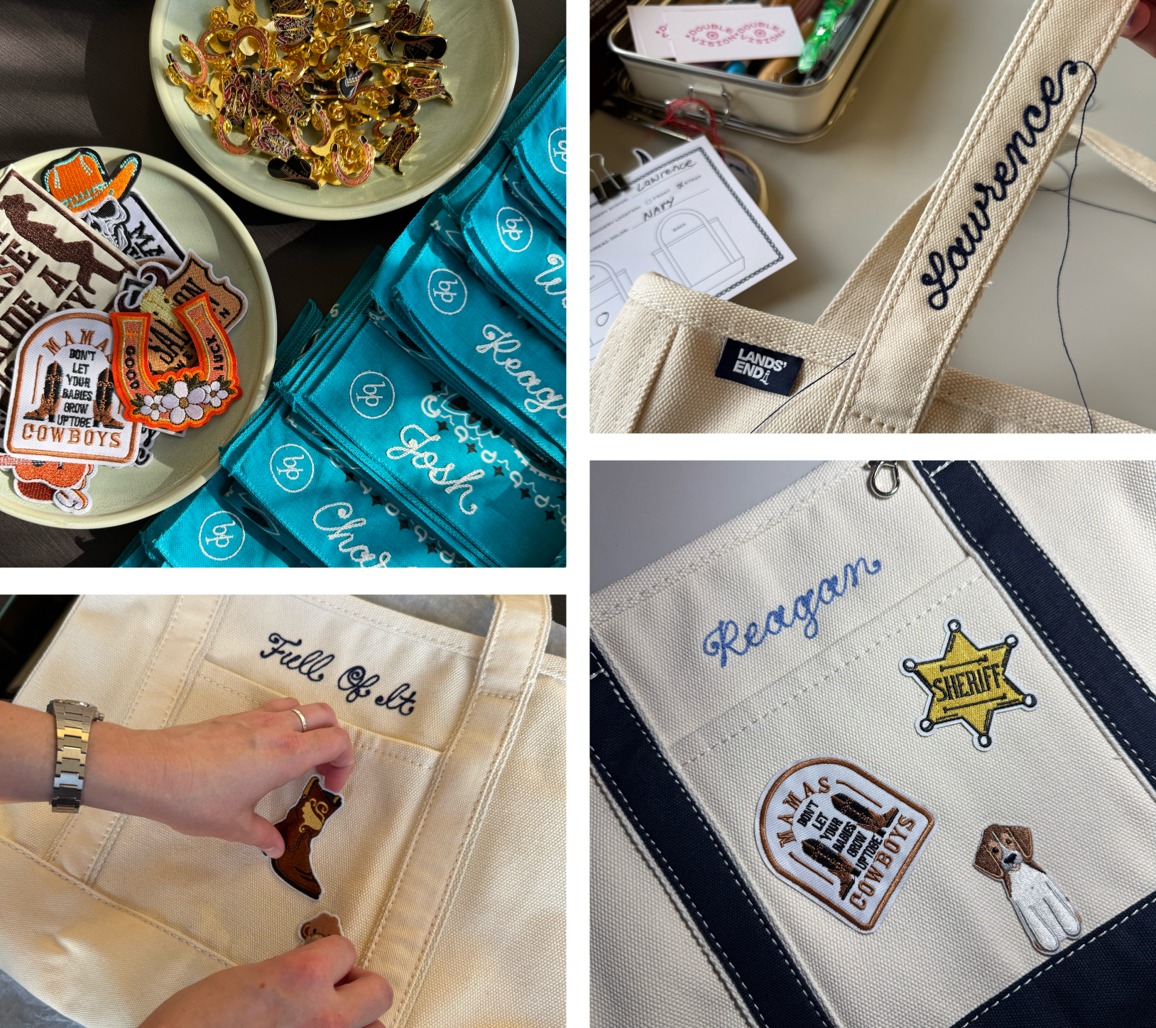 Tote bag chainstitch embroidery in Austin, Texas for corporate dinner. Chainstitch, patches, and pins for a night of customization.