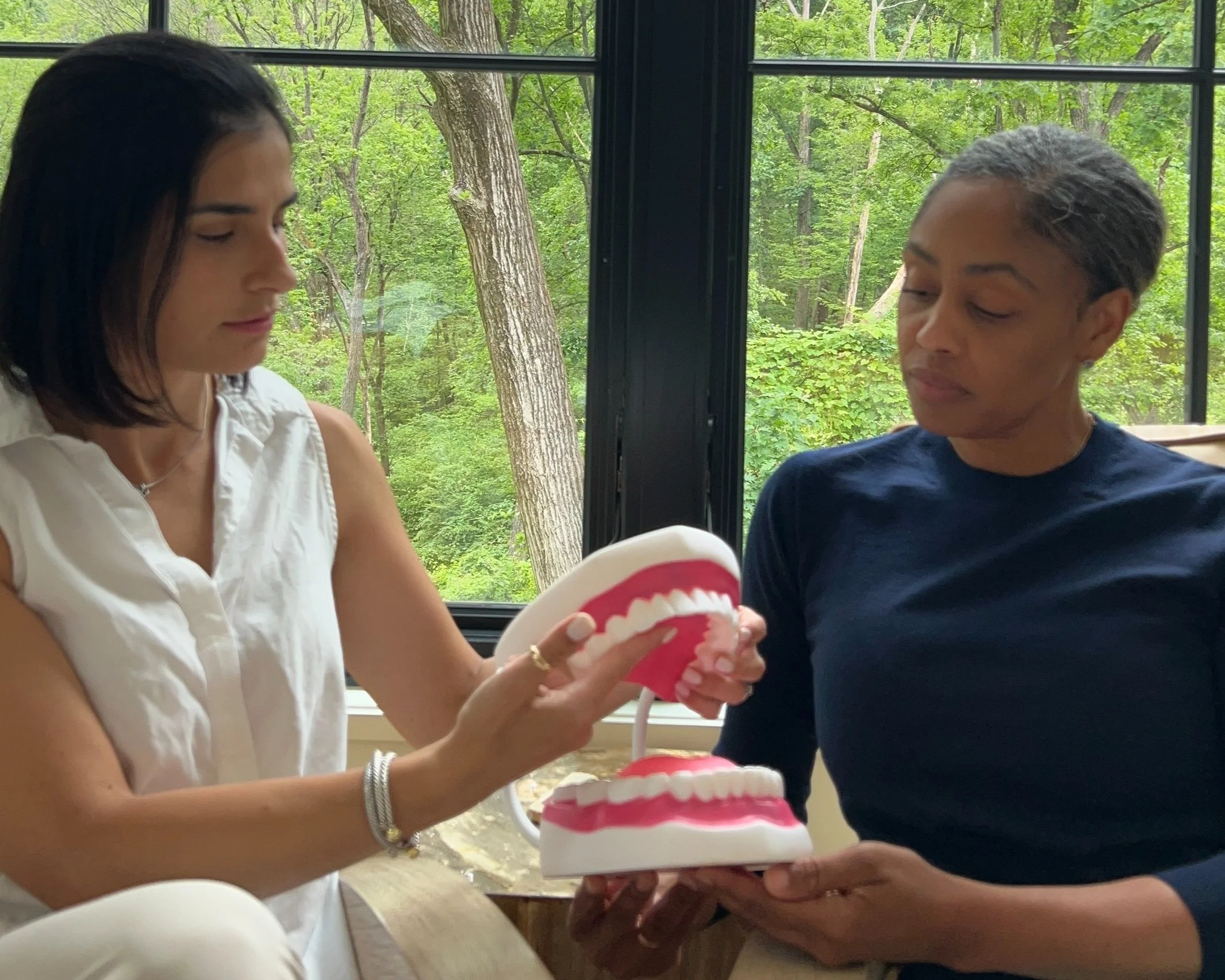 Two women seated indoors next to a window, with a large tree and green foliage outside, holding a set of pink and white dentures and a model of teeth.