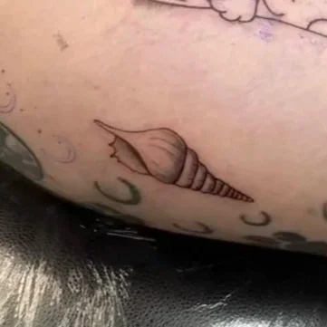 Tattoo of a seashell on the skin, with small clouds, moons, and stars around it. Tattoo by Elizabeth Guerrero at Austin Texas Tattoos in 2026