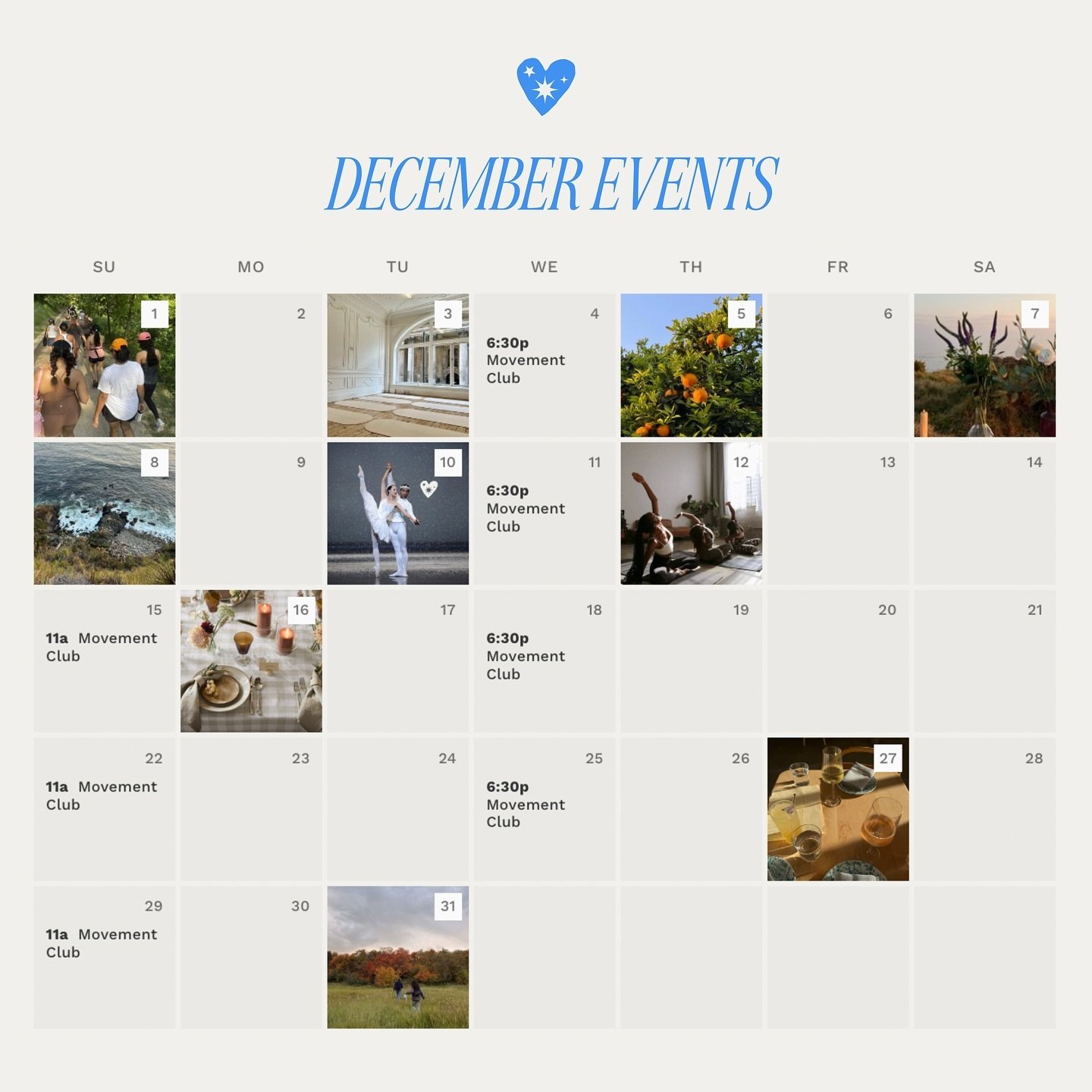 December&rsquo;s going to be a good one!! 💙

Upcoming Events:

Lululemon, Walk, Shop &amp; Giveback
Friday, November 29th, 8am
(RSVP today at 5pm)

Karma Yoga
Tuesday, Dec 3rd, 7pm
(RSVP Sunday, November 24st, 5pm)

Barry&rsquo;s Class
Thursday, Dec