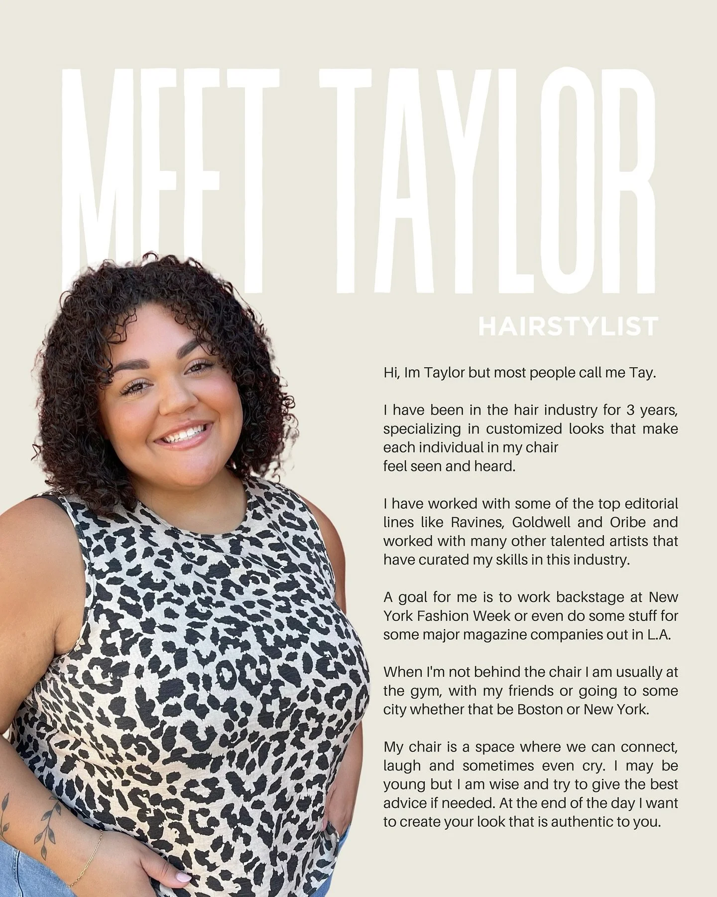Meet Taylor!

Taylor is an incredibly talented colorist and has contagious energy that we are excited to have in the salon! Taylor has a gift for making you feel good inside and out and we can&rsquo;t wait for you to experience a service with her! 

