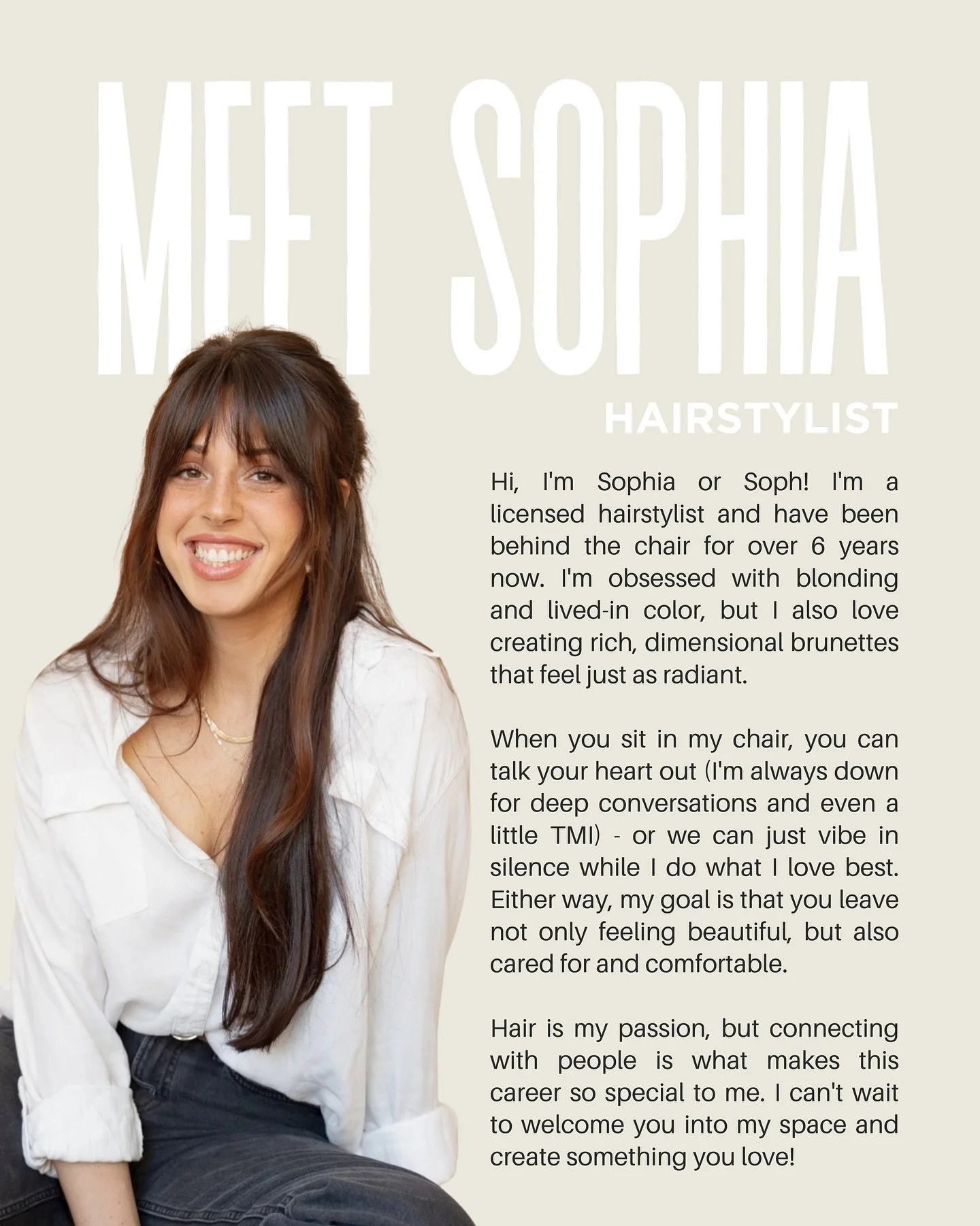 Meet Sophia!

After building her business in New Hampshire, she&rsquo;s ready to bring her artistry and passion for color to Maine!

Send her a DM to book an appointment 🥂 Color services kick off October 1, so let&rsquo;s get her schedule filled and