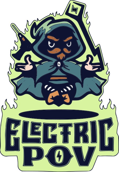 Cartoon wizard character with a mustache and beard, wearing a hooded cloak, sitting cross-legged, with electric sparks and items like a drill and lightning staff floating around him, and the text "Electric Pov" below.