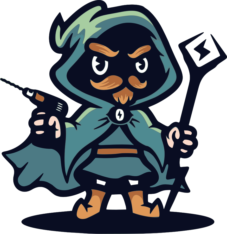 Cartoon wizard character with a mustache and beard, wearing a hooded cloak, holding a drill in one hand and a staff in the other.