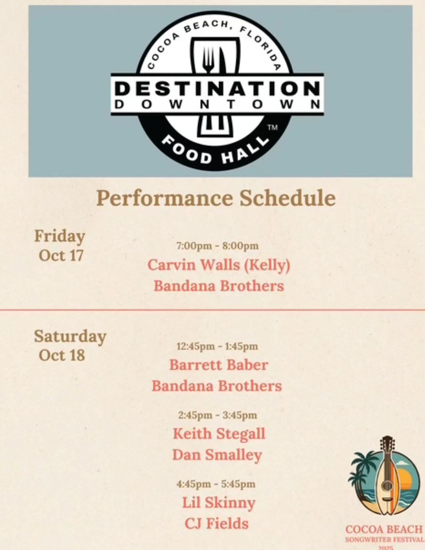 🎶 Weekend Performance Schedule 🎶
Join us in Downtown Cocoa Beach for back-to-back live music all weekend long!

📅 Friday, Oct 17
🕖 7:00 PM &ndash; 8:00 PM
&bull; Carvin Walls (Kelly)
&bull; Bandana Brothers

📅 Saturday, Oct 18
🕐 12:45 PM &ndash